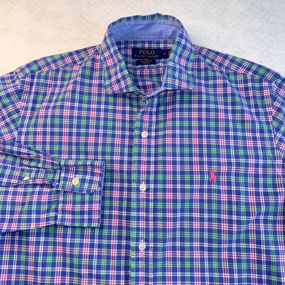 Polo Ralph Lauren Mens Medium Blue Green Pink Plaid Cotton Stretch Shirt M